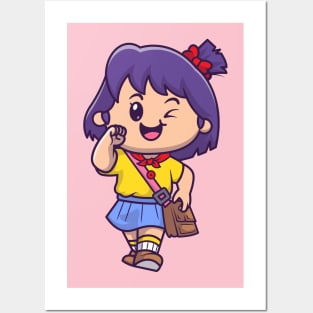 Cute Girl Going To School Cartoon Posters and Art